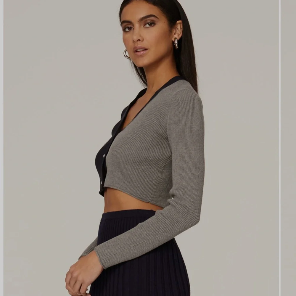 Peter Som Gray & Navy Cropped ColorBlock Pearl Long Sleeve Cardigan sz Large EUC